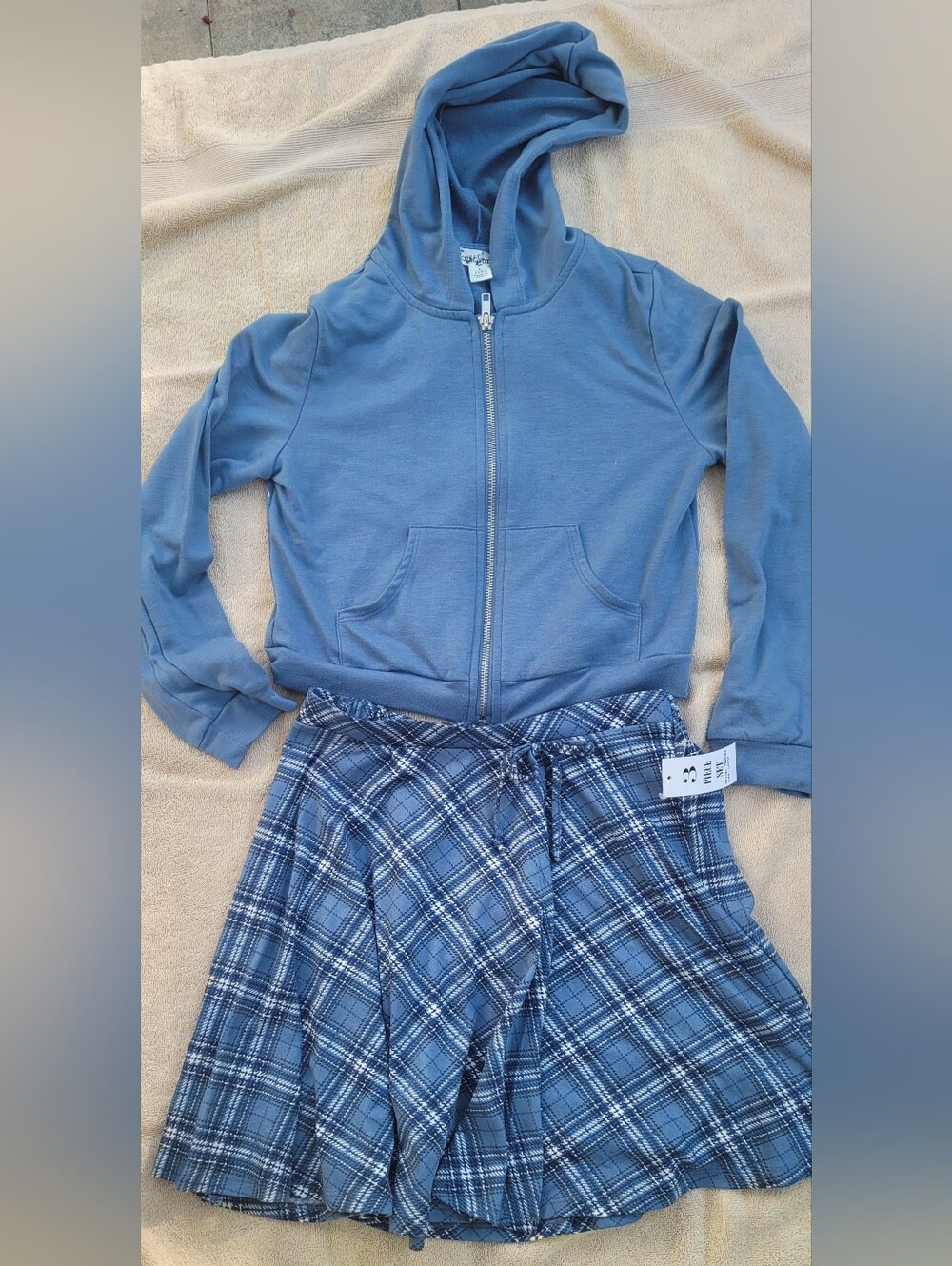 Girls Blue Zip Hoodie and Plaid Skirt Set
